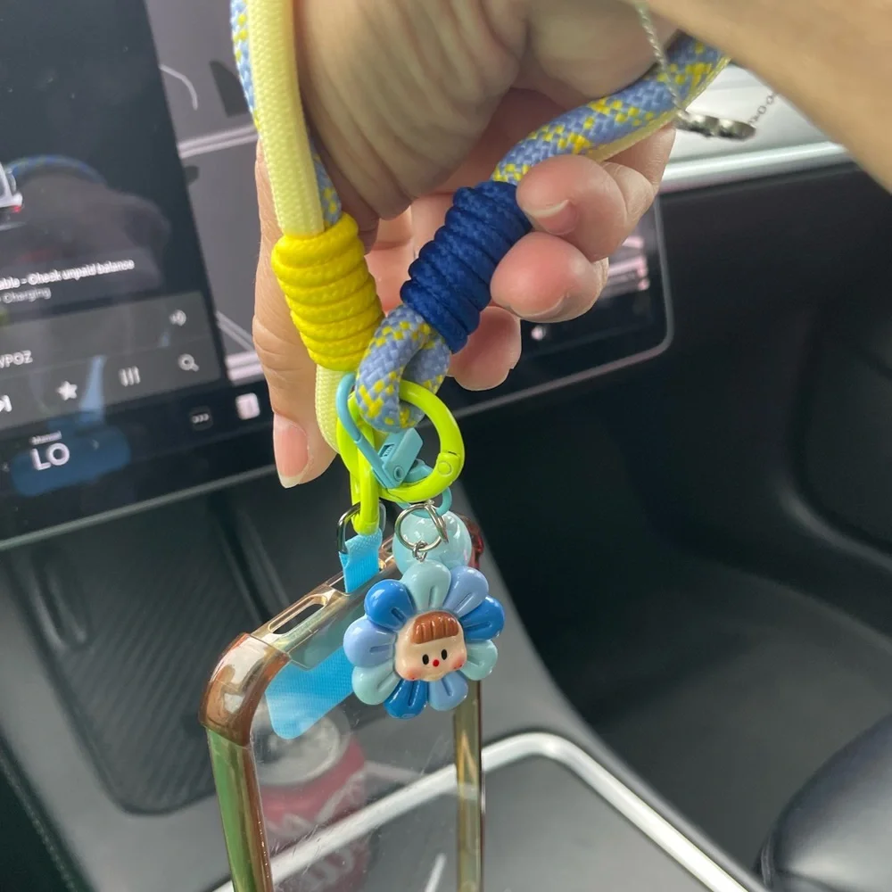 Phone Wrist Lanyard Cute Flower Charm Rope Necklace in Pastel Blue and Yellow